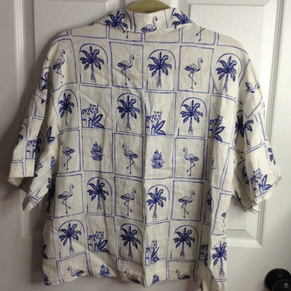 NWT C&C California "L" Linen Beachy Blue and White Blouse; Carefree, Hawaiian - Picture 2 of 6